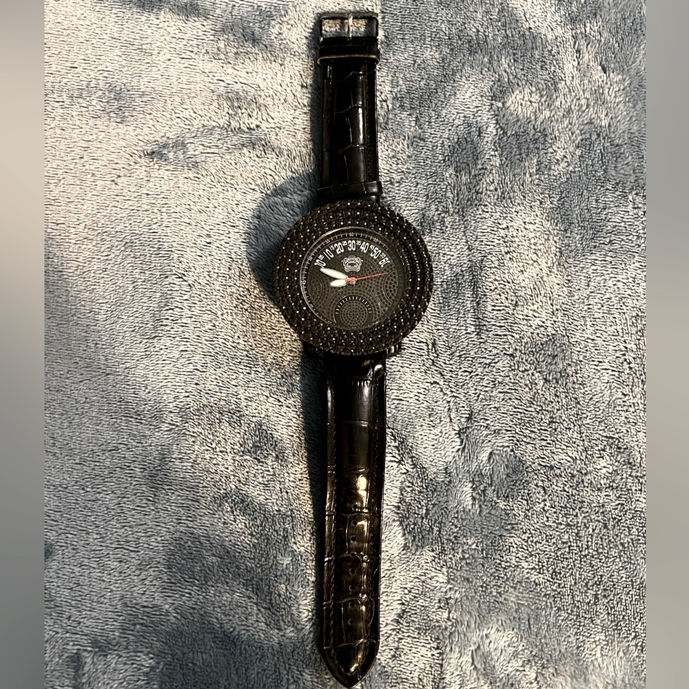 Technolink Black Diamond Big Face Bezel Watch with Leather Band